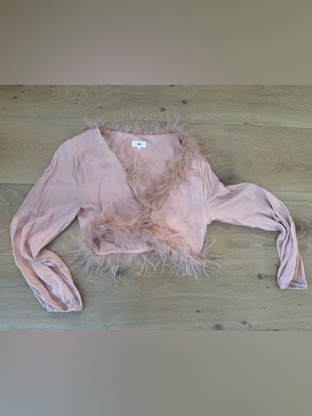 LPA Blush Feather-Trim Cropped Wrap Top